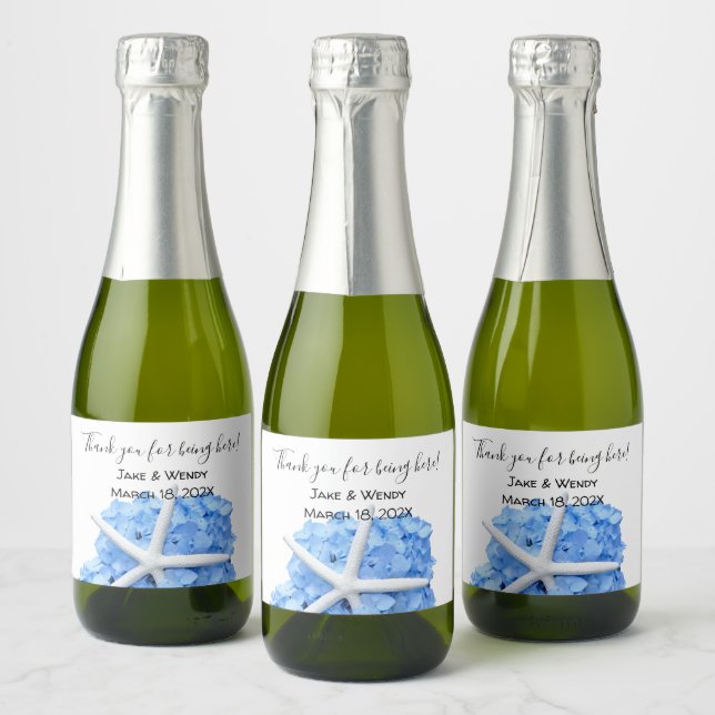 Étiquettes Pour Bouteilles De Vin Mousseux Blue Hydrangea Starfish Merci (Bouteilles)