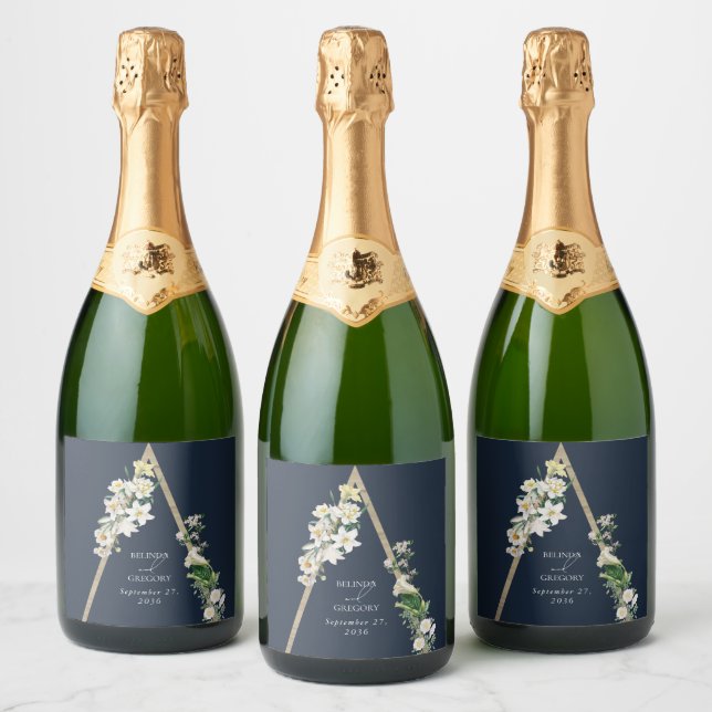Étiquettes Pour Bouteilles De Vin Mousseux Bohème Bohème Pyramide Flore Blanche Mariage Bleu (Bouteilles)