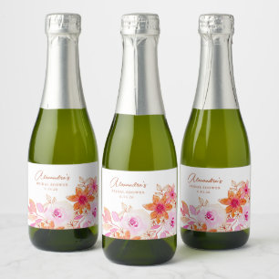 Étiquettes Pour Bouteilles De Vin Mousseux Boho Aquarelle rose Orange Fête des mariées