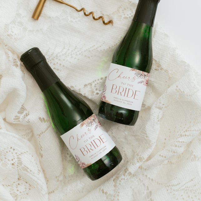 Étiquettes Pour Bouteilles De Vin Mousseux Boho Floral Pampas Rose Gold Chevaux Mini (Créateur téléchargé)