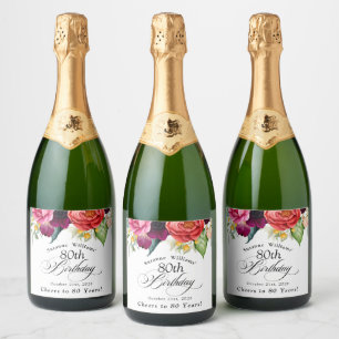 Étiquettes Pour Bouteilles De Vin Mousseux Boho Rustic Watercolor Floral 80e anniversaire