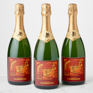 Étiquettes Pour Bouteilles De Vin Mousseux Bon thanksgiving Géométrique Abstrait Orange Brown