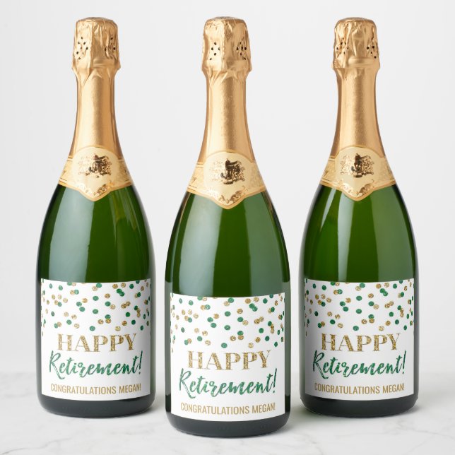 Étiquettes Pour Bouteilles De Vin Mousseux Bonne retraite Green Gold Confetti (Bouteilles)