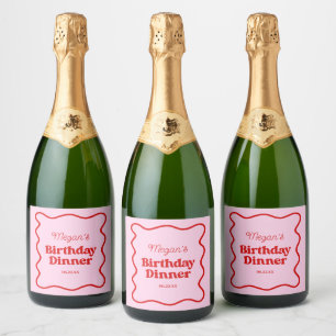 Étiquettes Pour Bouteilles De Vin Mousseux Bordure rose rouge vague Anniversaire Dîner