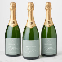 Bouteille de vin pétillant baptême croix vert saug