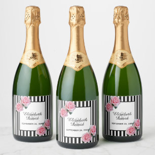 Étiquettes Pour Bouteilles De Vin Mousseux Brayures blanches noires fleurs roses rose mariage