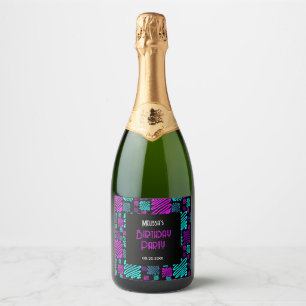 Étiquettes Pour Bouteilles De Vin Mousseux Bright Neon violet bleu géométrique Anniversaire