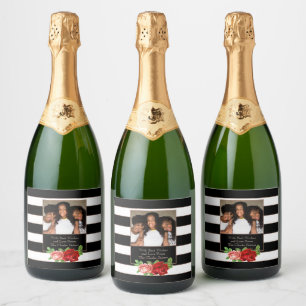 Étiquettes Pour Bouteilles De Vin Mousseux Bronze floral noir et blanc - Photo personnalisée