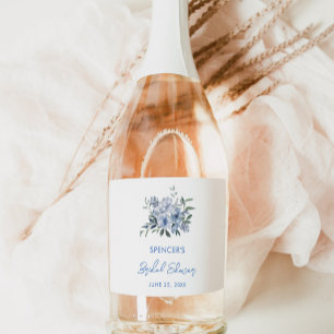 Étiquettes Pour Bouteilles De Vin Mousseux Cadeau de Fête de Fiançailles Élégant Floral Bleu 