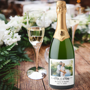 Étiquettes Pour Bouteilles De Vin Mousseux Calligraphie Coeur Photo M. et Mme Mariage