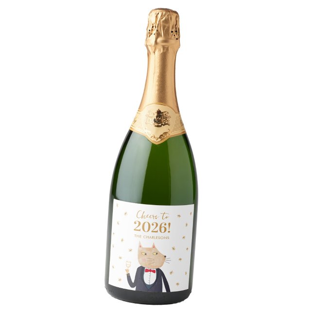 Étiquettes Pour Bouteilles De Vin Mousseux Cat Cheers to 2026 New Year Personalized (Fun cat Cheers to 2026 New Year celebration personalized custom name sparkling wine bottle label)