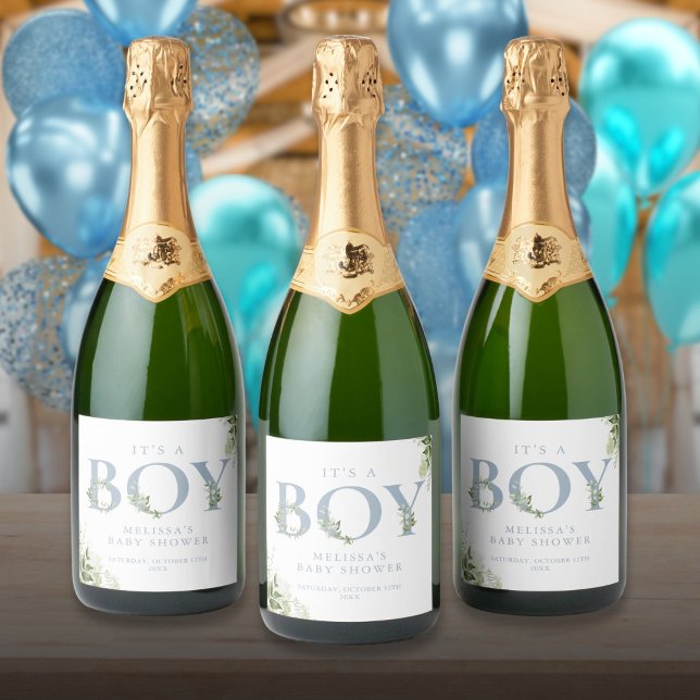 Étiquettes Pour Bouteilles De Vin Mousseux C'est un garçon Dusty Blue Greenery Baby shower (Its A Boy Dusty Blue Greenery Letter Baby Shower Sparkling Wine Label)