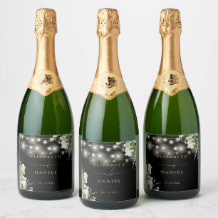 Étiquettes Pour Bouteilles De Vin Mousseux Chaîne Lights Black Gold Floral Mariage