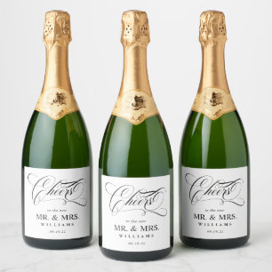Étiquettes Pour Bouteilles De Vin Mousseux Cheers Elegant Classique Noir & Blanc Mariage