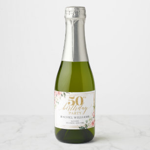 Étiquettes Pour Bouteilles De Vin Mousseux Chic aquarelle bleu fleurs or 50e anniversaire