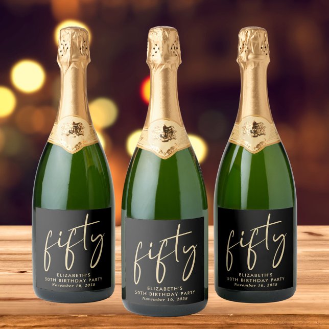 Étiquettes Pour Bouteilles De Vin Mousseux Chic Black Gold 50th Birthday Party (Créateur téléchargé)