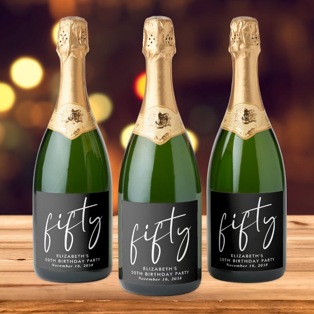 Étiquettes Pour Bouteilles De Vin Mousseux Chic Black White 50e fête d'anniversaire (Créateur téléchargé)