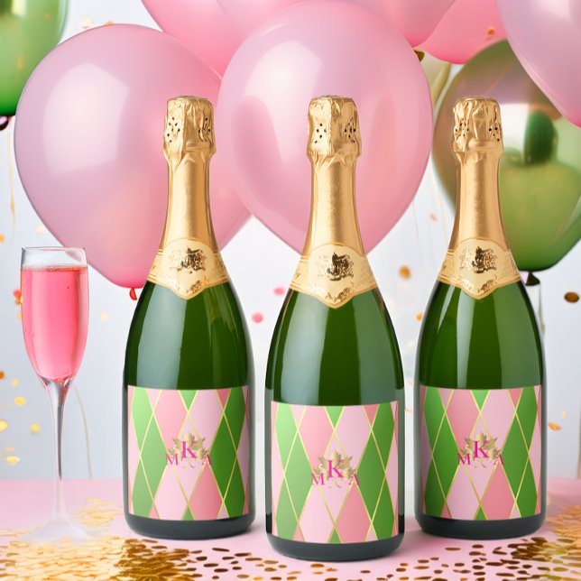 Étiquettes Pour Bouteilles De Vin Mousseux Chic Monogrammed rose et vert (Chic Monogrammed Pink and Green Wine and Beverage Labels)