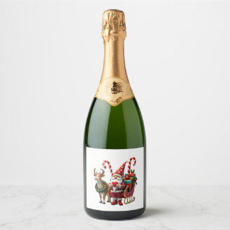 Étiquettes Pour Bouteilles De Vin Mousseux Christmas Light Gnome Santa Claus Riding Sleigh Hi