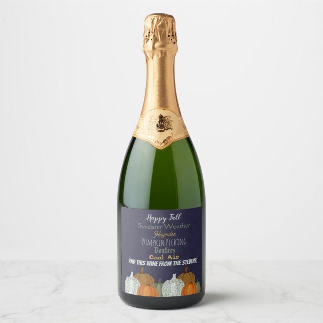 Étiquettes Pour Bouteilles De Vin Mousseux Citrouille d'automne arrière - plan bleu (Devant)
