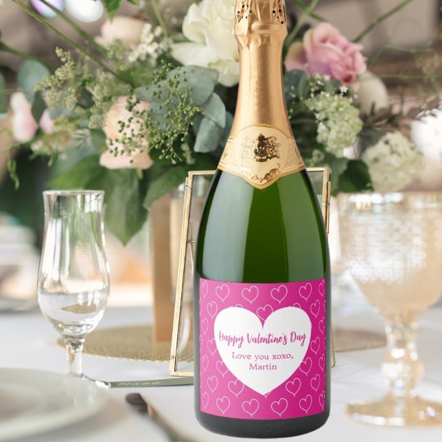 Étiquettes Pour Bouteilles De Vin Mousseux Coeurs blancs roses chauds Saint Valentin (Créateur téléchargé)
