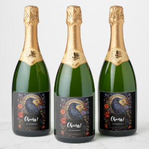Étiquettes Pour Bouteilles De Vin Mousseux Corbeau noir avec fleurs Design gothique Bravo!