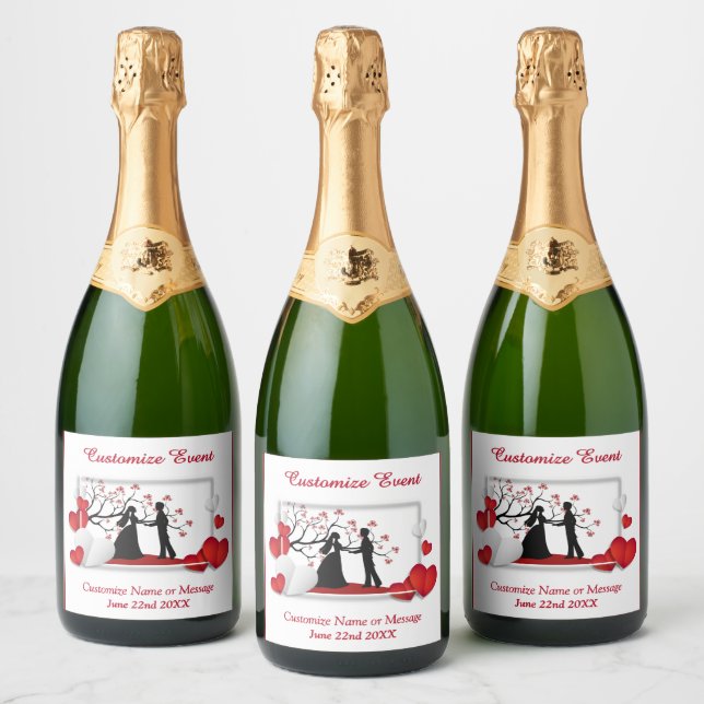 Étiquettes Pour Bouteilles De Vin Mousseux Couple romantique Silhoutte Coeurs rouges Personna (Bouteilles)
