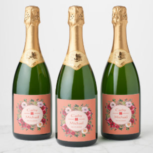 Étiquettes Pour Bouteilles De Vin Mousseux Couronne florale de cercle orange mariage chinois