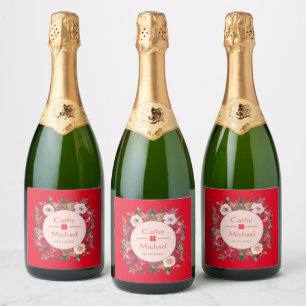 Étiquettes Pour Bouteilles De Vin Mousseux Couronne florale de cercle rouge mariage chinois m
