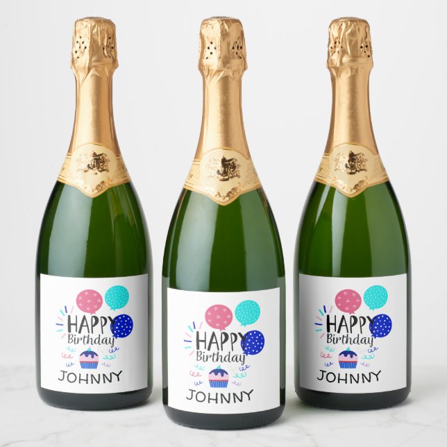 Étiquettes Pour Bouteilles De Vin Mousseux Cupcake & Balloons Joyeux texte d'anniversaire - (Bouteilles)