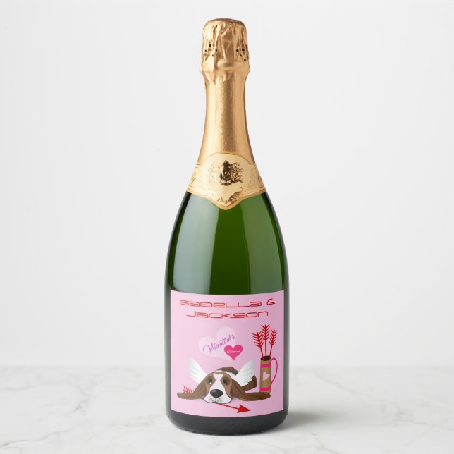 Étiquettes Pour Bouteilles De Vin Mousseux Cupide Basset Hound (Devant)