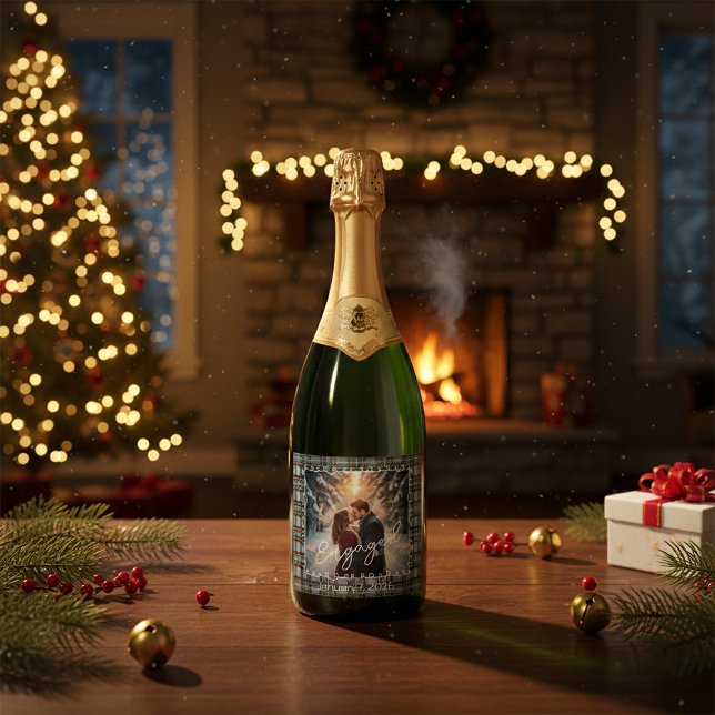 Étiquettes Pour Bouteilles De Vin Mousseux Custom Winter Tartan Engagement Photo Champagne  (Créateur téléchargé)