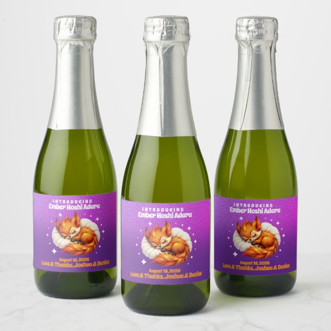 Étiquettes Pour Bouteilles De Vin Mousseux Cute Fox Cub Asleep in Starry Sky Baby Shower (Bouteilles)