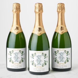 Étiquettes Pour Bouteilles De Vin Mousseux Deux éléphants Baby shower verdure Gold Foliing