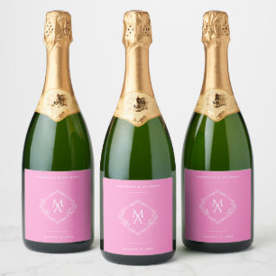 Étiquettes Pour Bouteilles De Vin Mousseux Diamant Floral Monogramme Mariage rose