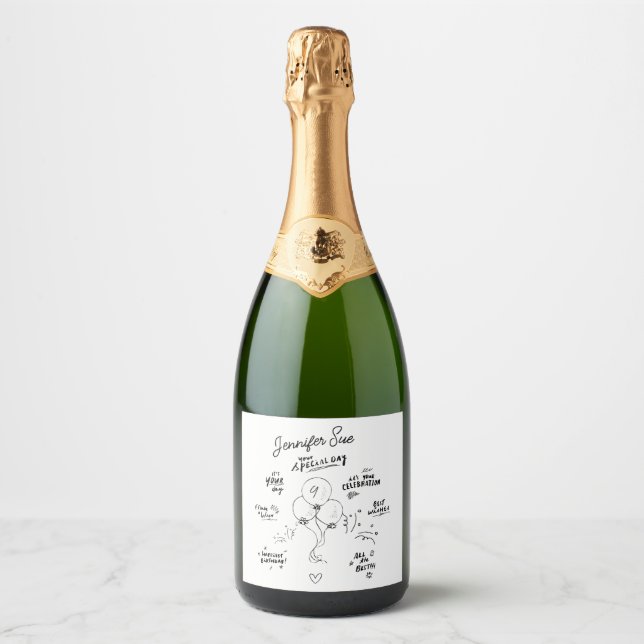 Étiquettes Pour Bouteilles De Vin Mousseux Doodle moderne Balloon Joyeux anniversaire (Devant)