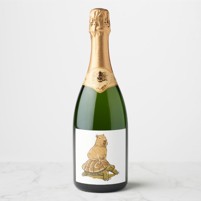 Étiquettes Pour Bouteilles De Vin Mousseux Drôle Capybara Animal Turtle Cute Capybara (Devant)