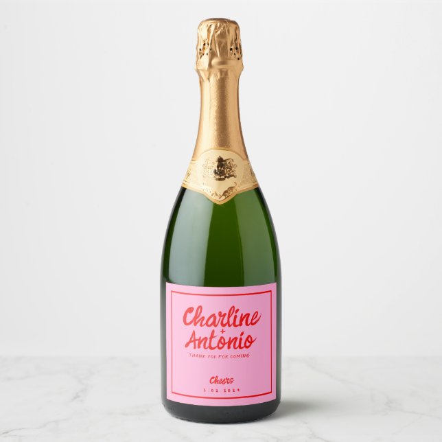 Étiquettes Pour Bouteilles De Vin Mousseux Écriture moderne rouge rose Mariage rétro (Devant)
