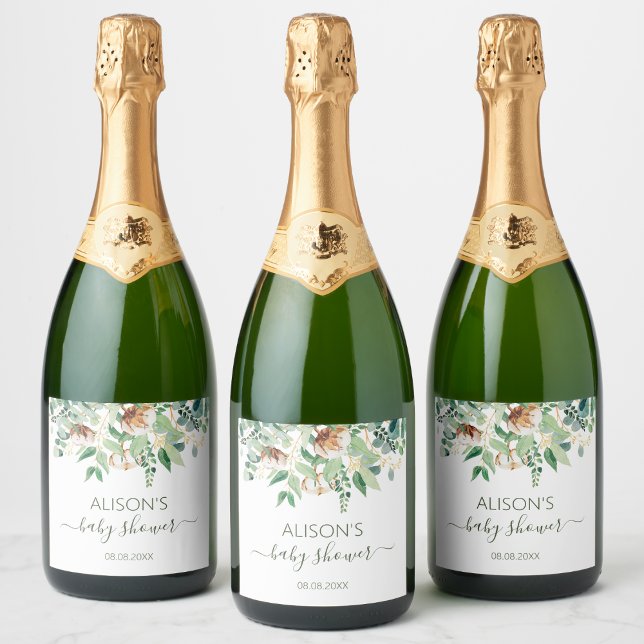Étiquettes Pour Bouteilles De Vin Mousseux Elégant Baby shower Floral Eucalyptus (Créateur téléchargé)