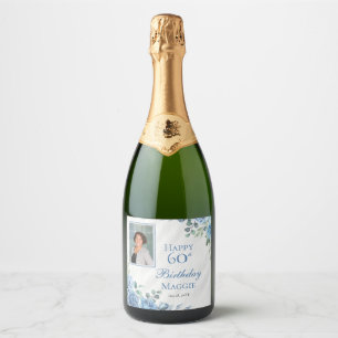 Étiquettes Pour Bouteilles De Vin Mousseux Elégant cadre Floral Rose Bleu 60ème anniversaire 