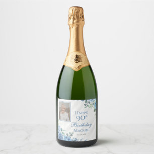 Étiquettes Pour Bouteilles De Vin Mousseux Elégant cadre Floral Rose bleu 90e fête d'annivers