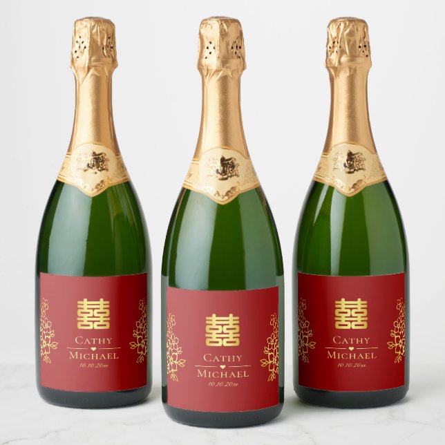 Étiquettes Pour Bouteilles De Vin Mousseux Élégant double bonheur chinois mariage floral (Bouteilles)