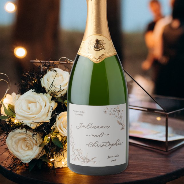 Étiquettes Pour Bouteilles De Vin Mousseux Élégant Fleur sauvage rustique Script Argent (Créateur téléchargé)