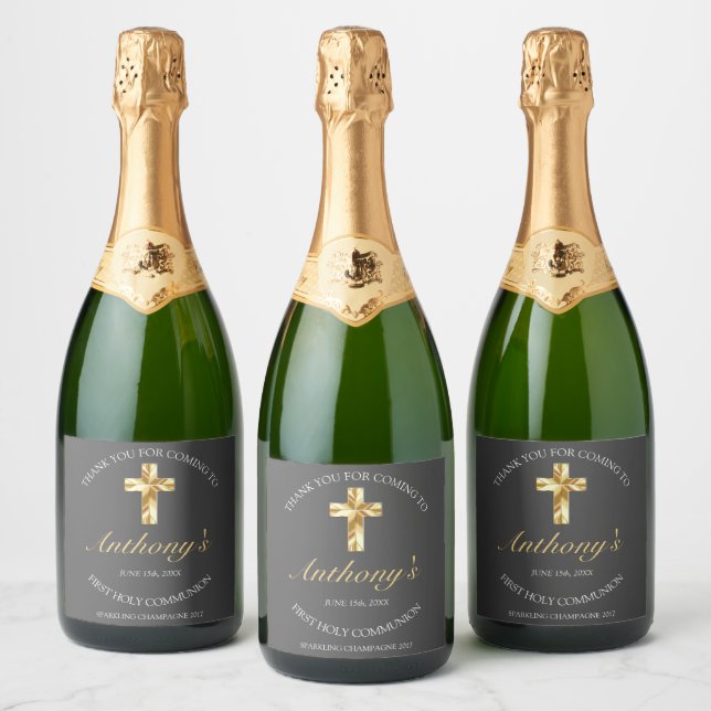 Étiquettes Pour Bouteilles De Vin Mousseux Elegant Grey Gold Cross 1ère communion (Bouteilles)
