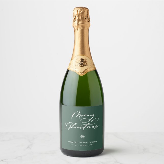 Étiquettes Pour Bouteilles De Vin Mousseux Élégant Joyeux Noël Script Green Holiday (Devant)