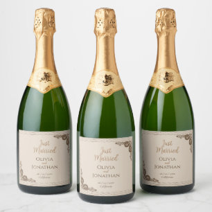 Étiquettes Pour Bouteilles De Vin Mousseux Élégant Mariage beige beige orné