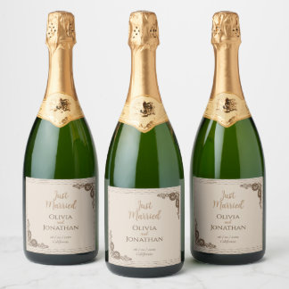 Étiquettes Pour Bouteilles De Vin Mousseux Élégant Mariage beige beige orné