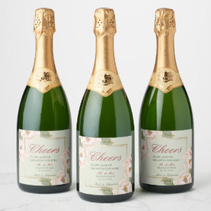 Étiquettes Pour Bouteilles De Vin Mousseux Élégant mariage floral vert sauge et pivoine rose
