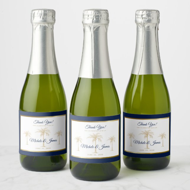 Étiquettes Pour Bouteilles De Vin Mousseux Elégant Marine Blue Gold Palm Tree Tropical Mariag (Bouteilles)