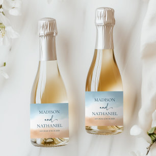 Étiquettes Pour Bouteilles De Vin Mousseux Élégant Océan Bleu Plage Rivage Sable Mariage
